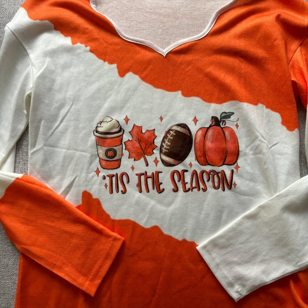 Fall Shirts for Women Pumpkin Print Color Block Long Sleeve Tops Fashion - Picture 2 of 5